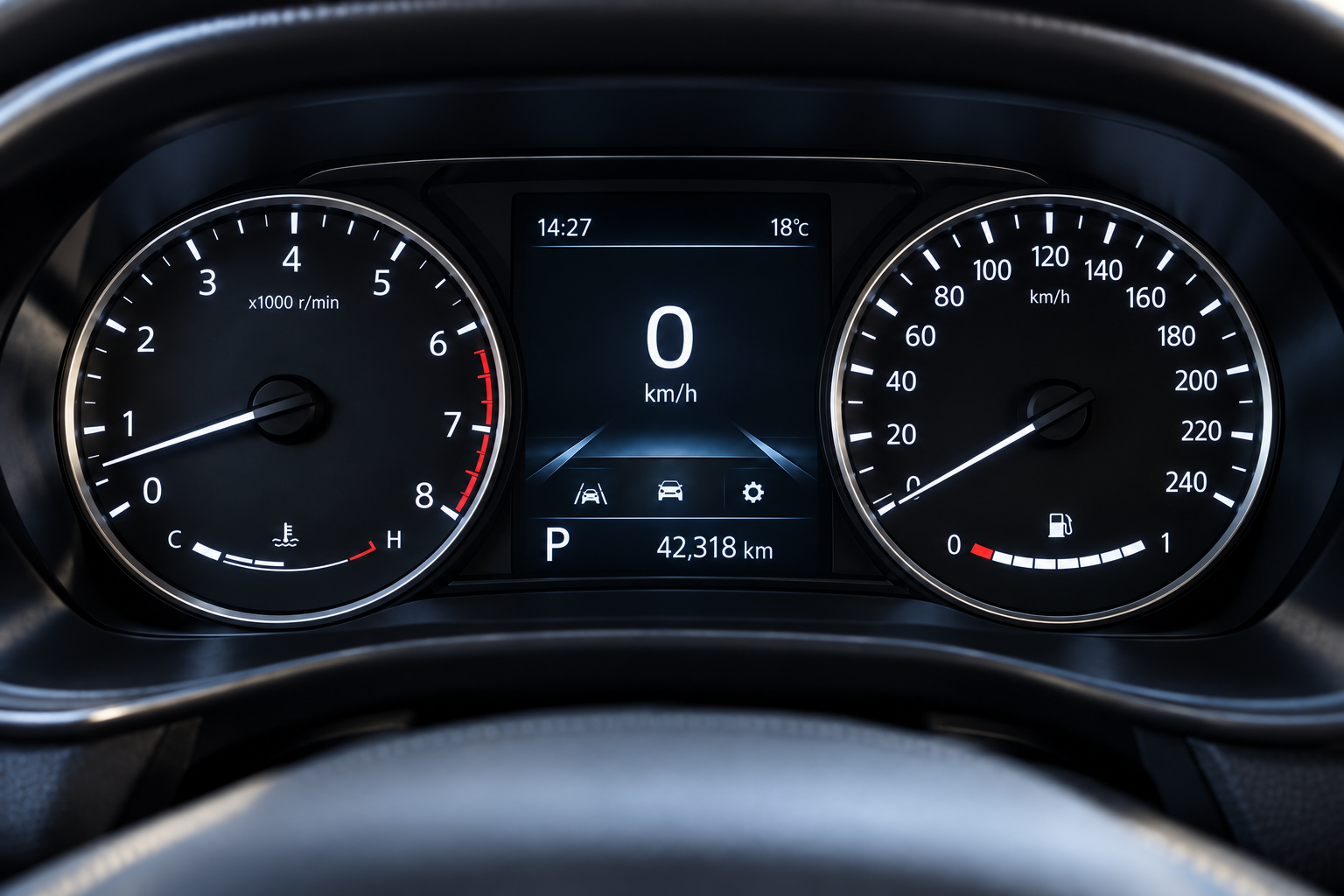 Illustrative dashboard showing 42,318 km at departure.