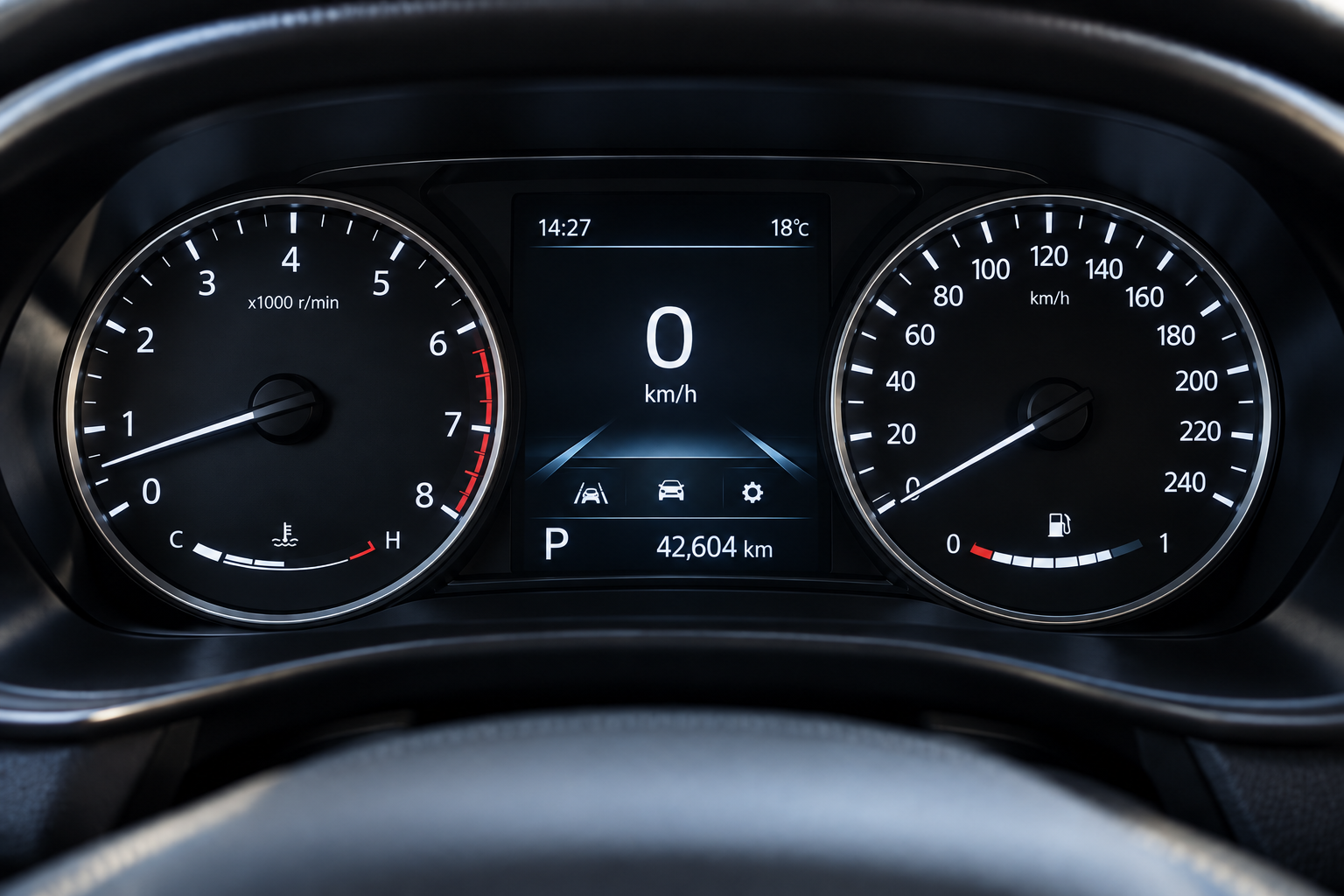 Illustrative dashboard showing 42,604 km at return.